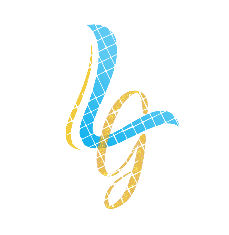 Letters L and G intertwined in blue and gold